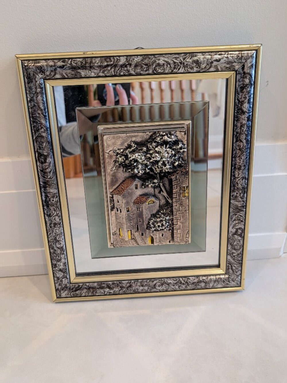Vintage Italian Silver Bas-Relief Mirror Art Plaque – Ornate Mixed Media Village